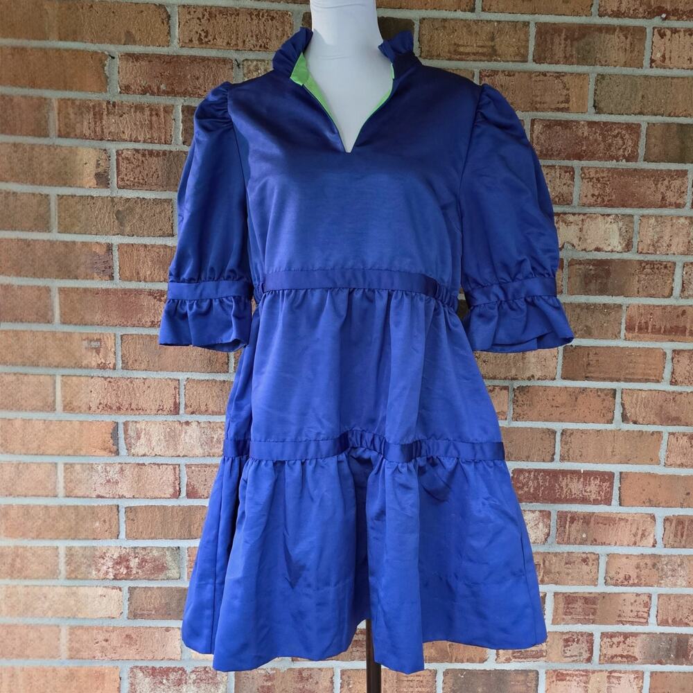 Blue Tiered Dress Gretchen Scott Design Size M Teardrop Faille Ruffle 1/2 Sleeve